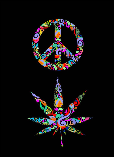 T-Shirt-Prints mit Friedenssymbol und Marihuana-Blatt mit abstrakten bunten Mustern auf schwarzem Hintergrund - Vektor, Bild