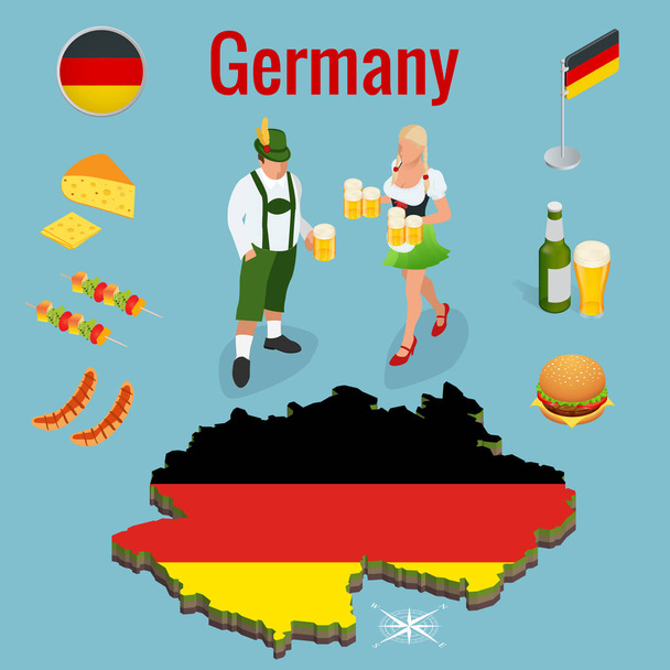 Isometric icon set of Traditional symbols of culture and cuisine of Germany or Deutschland. Federal Republic of Germany and flag. Flat vector illustrations. - Vector, Image