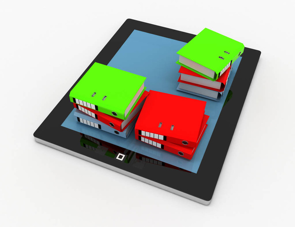 Stapel von Büromappen, Ringordner auf dem Tablet-PC. 3D-Illustration - Foto, Bild