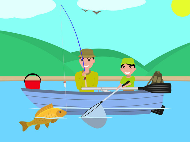 Vector cartoon father son together fishing boat - Vektor, kép