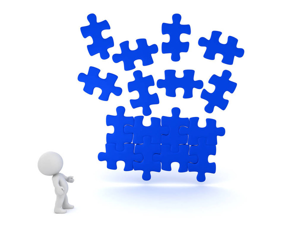 3D illustration of blue puzzle piece falling into place with cha - Photo, Image
