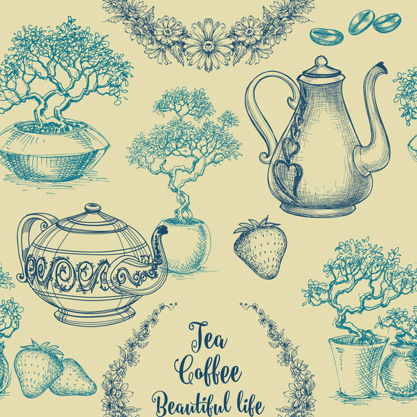 Tea and coffee seamless pattern - Vecteur, image