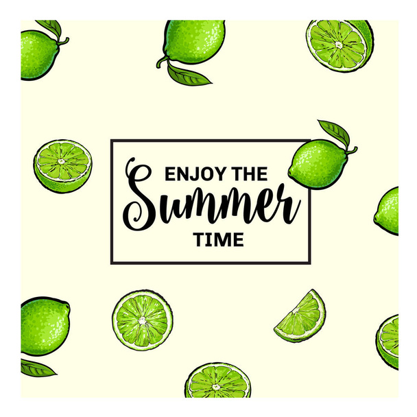 Banner, postcard design with limes background and Enjoy Summer lettering - Vector, Imagen
