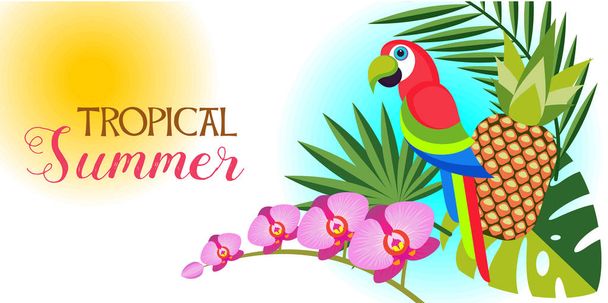 Тропічне літо. Векторна композиція. Яскравий тропічний папуга серед пальмового листя і орхідей
. - Вектор, зображення