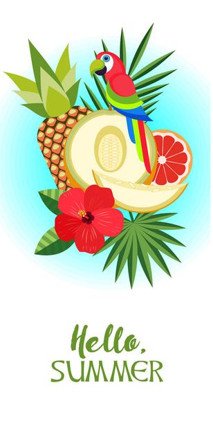 Vector illustration. Hello, summer! Bright exotic parrot, melon, palm leaves, pineapples and hibiscus. - Vector, Image