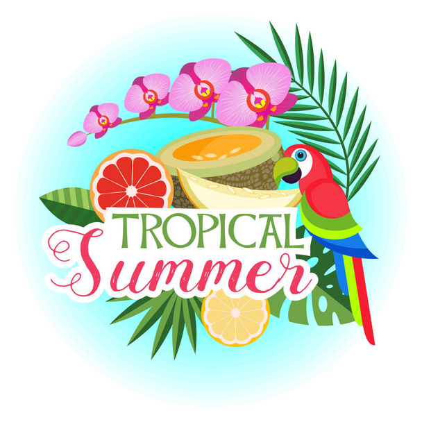 Vektorové ilustrace tropické palmy listy, exotické barevné papoušek, ovoce a květiny. - Vektor, obrázek