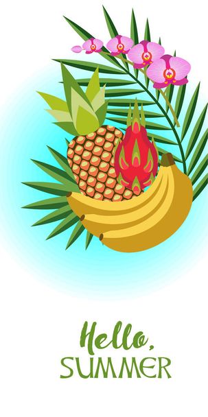 Vector illustration. Hello, summer! Pineapple, palm leaves, dragon fruit, bananas, orchids. - Vector, Image