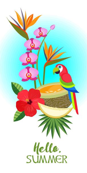 Hallo, Sommer! Vektorillustration. Tropische Früchte und farbenfroher exotischer Papagei. - Vektor, Bild