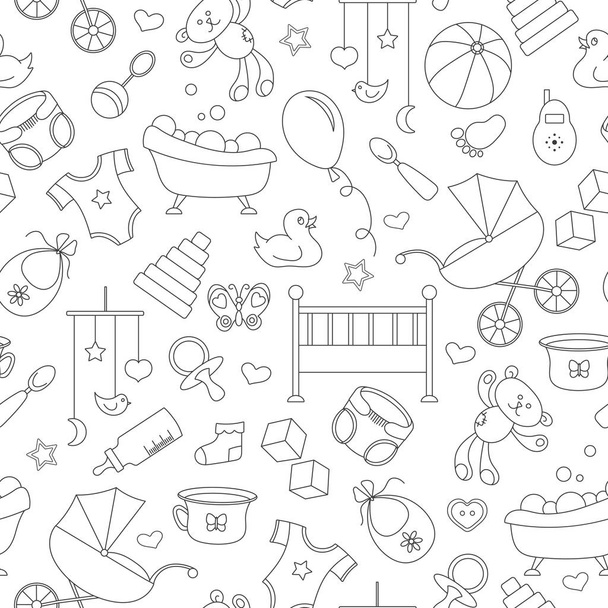Seamless pattern on the theme of childhood and newborn babies, baby accessories and toys, simple contour icons, black contour on white background - Vecteur, image