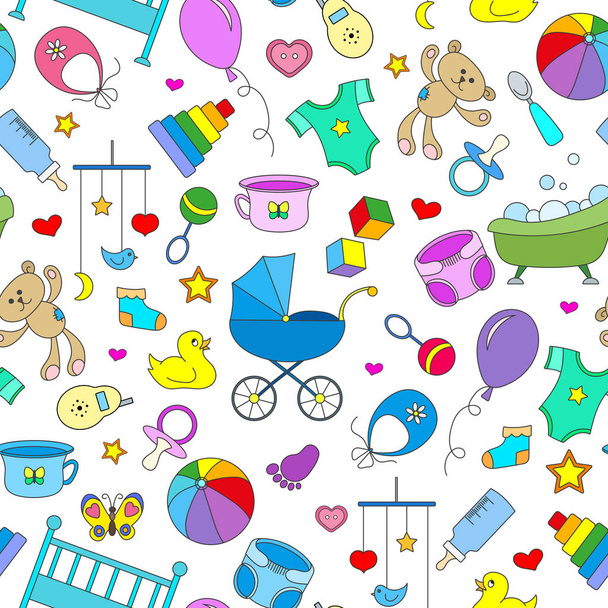 Seamless pattern on the theme of childhood and newborn babies, baby accessories, accessories and toys, simple color icons on white background - Vector, Image