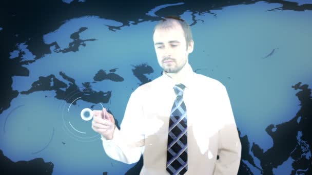 Animação digital de um empresário usando uma interface digital
 - Filmagem, Vídeo