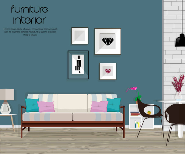 Furniture. Interior. Living room with sofa, table, lamp, pictures, window. The dining room and living room - Vector, Image