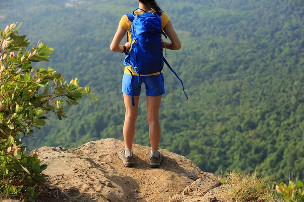 jeune femme debout sur le sommet de la montagne
  - Photo, image