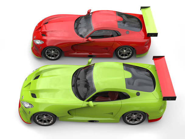 Μαίνεται πράσινο κόκκινο και τρελό super αγώνα αυτοκίνητα πλάι-πλάι στην εκκίνηση γραμμή - κορυφή προβολή - 3d απεικόνιση - Φωτογραφία, εικόνα