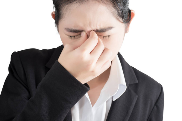 Objawów bólu kobieta na białym tle nos. Clipp - Zdjęcie, obraz