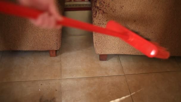 Eine Frau fegt mit Pinsel und Schaufel den Fußboden in Küche und Esszimmer. Nahaufnahme - Filmmaterial, Video