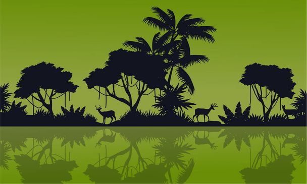 Silhouette of forest reflection on the lake scenery - Vector, Image