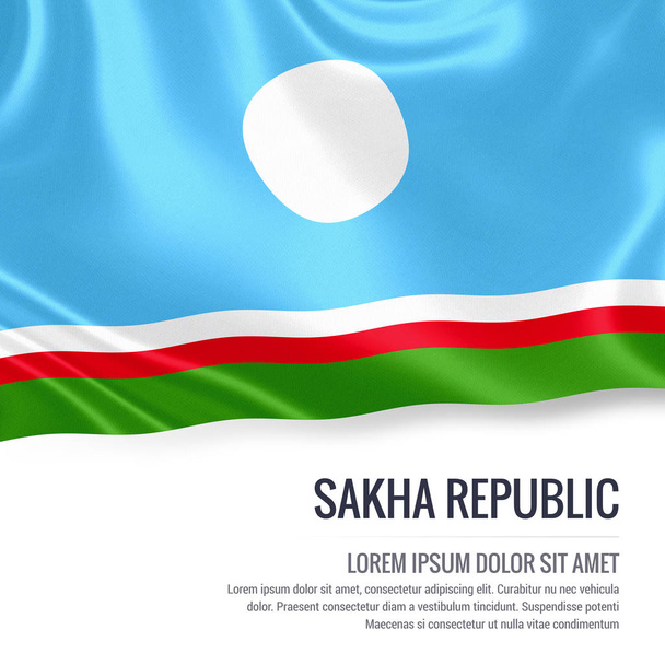 Bandeira da República de Sakha. Bandeira sedosa da República Sakha acenando em um fundo branco isolado com a área de texto branco para sua mensagem de anúncio. Renderização 3D
. - Foto, Imagem