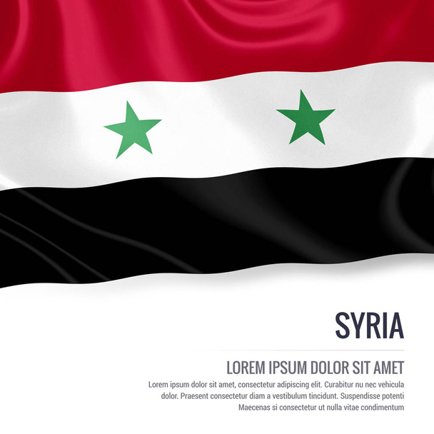 Σημαία της Συρίας. Μεταξένια σημαία κυματίζει Συρία σε μια απομονωμένη λευκό φόντο με λευκό κείμενο περιοχή για το μήνυμά αγγελία σας. 3D rendering. - Φωτογραφία, εικόνα