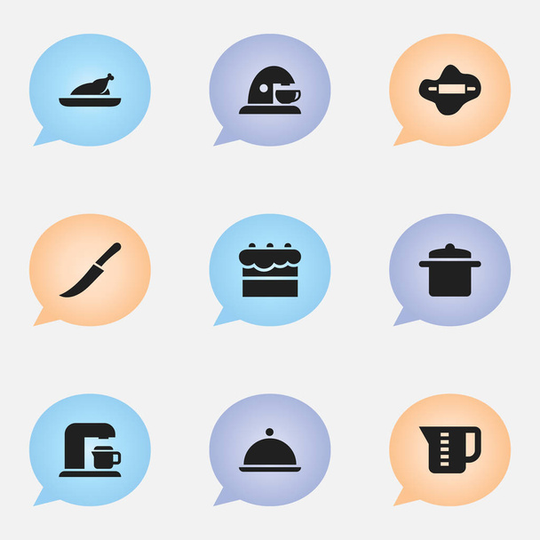 Набір з 9 значків для приготування їжі. Включає в себе такі символи, як сальєр, тісто, виробник напоїв та багато іншого. Може використовуватися для веб, мобільного, інтерфейсу та інфографіки
. - Вектор, зображення