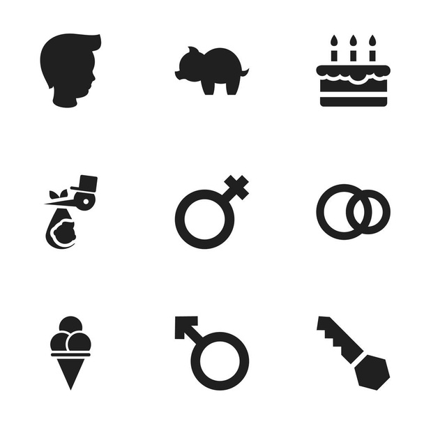 Conjunto de 9 iconos de gente editable. Incluye símbolos como el postre frío, la pastelería, el emblema del hombre y más. Puede ser utilizado para el diseño de la tela, móvil, interfaz de usuario e infografía
. - Vector, imagen