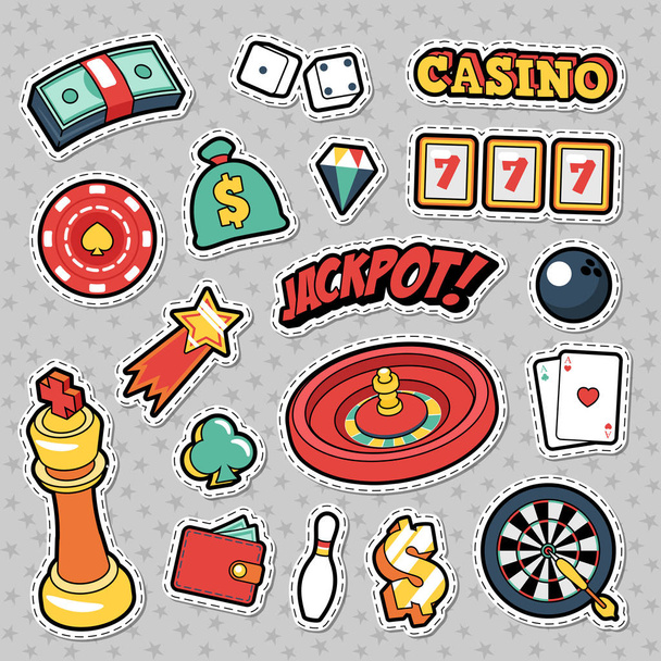 Hazard, kasyno odznaki, patche i naklejki - karty pieniądze ruletka Jackpot. Wektor ładny - Wektor, obraz