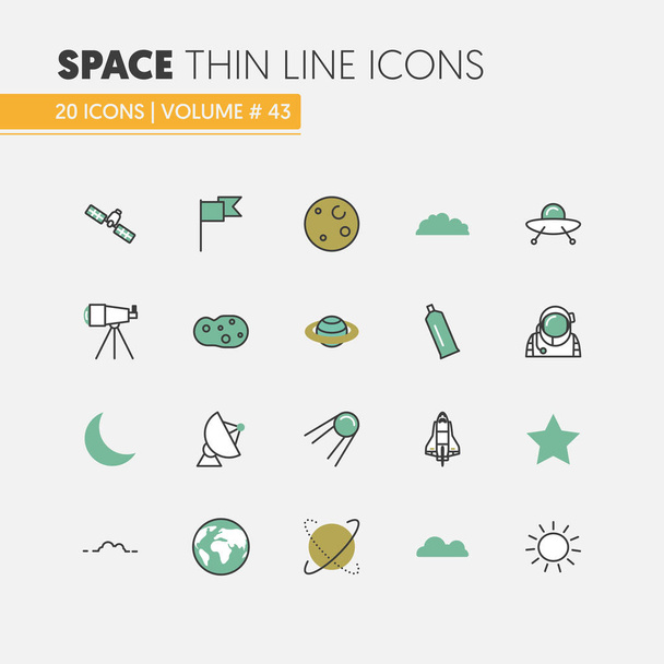 Místo výzkumu lineární tenká linie vektorové ikony Set s Shuttle Astronaut a planety - Vektor, obrázek