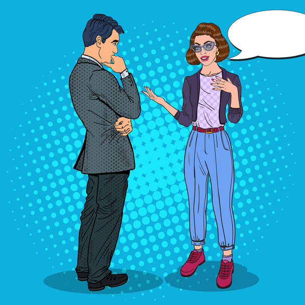 Mujer joven hablando con el hombre. Reunión de negocios. Ilustración del vector Pop Art
 - Vector, Imagen