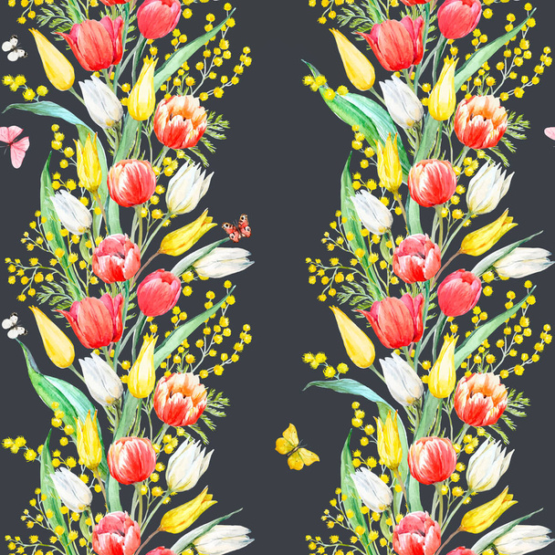 Watercolor mimosa and tulip vector pattern - Vector, Image