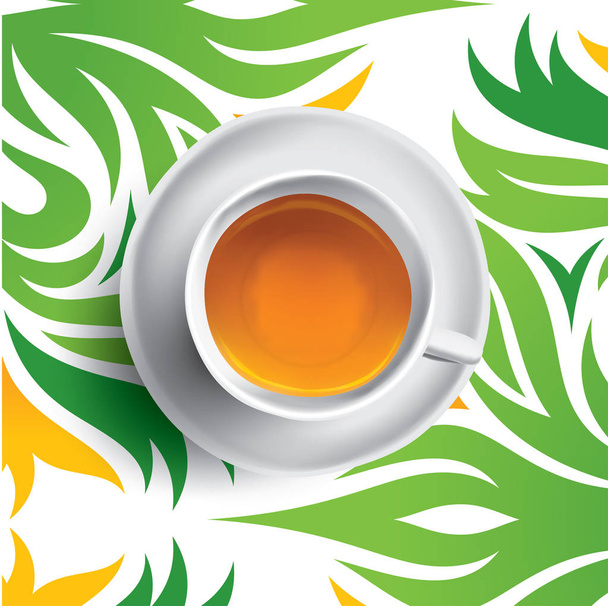 Black tea cup vector illustration. Tea on floral green and yellow background - Vector, Image