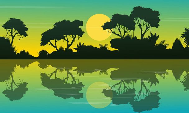 Landscape jungle at morning silhouettes - Vector, Image