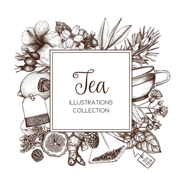 tea card with vintage sketch - Vektor, kép