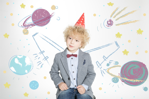  curly boy in cone hat - Photo, Image