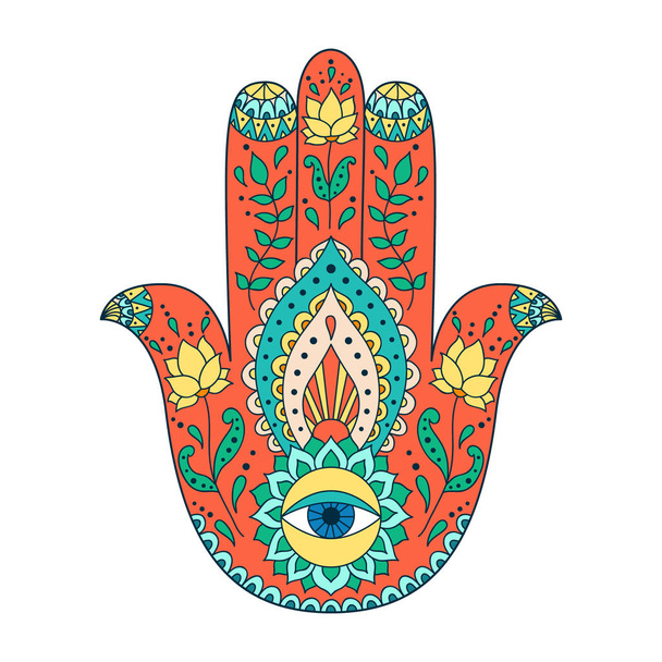 Hamsa india dibujada a mano. Tatuaje de henna de hamsa con adorno étnico
. - Vector, Imagen