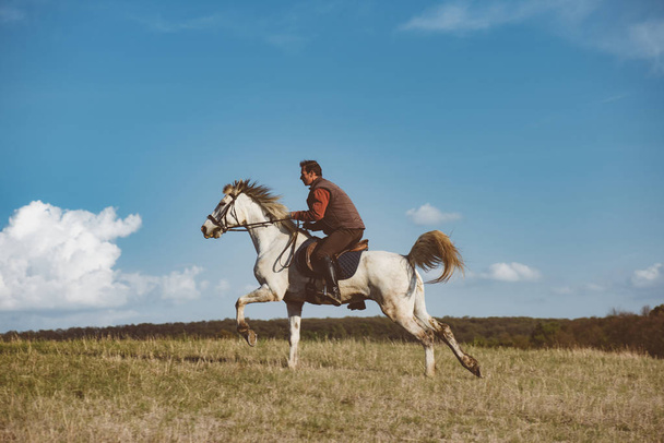 Galopping 馬、彼の白い馬に乗る男 - 写真・画像