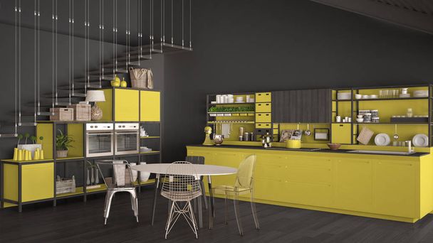Minimalistische gele en grijze houten keuken, loft met trappen, cla - Foto, afbeelding