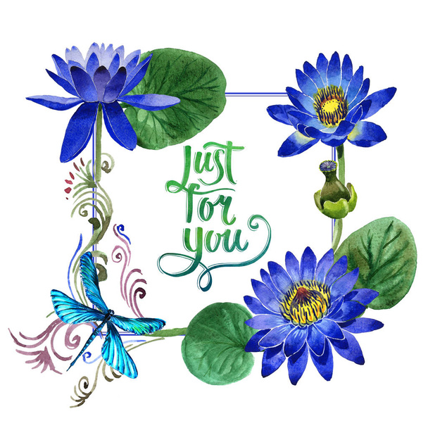 Wildflower blue lotus flower frame in a watercolor style isolated. - Φωτογραφία, εικόνα