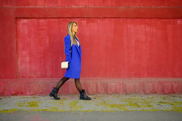 Το κορίτσι με τα μπλε παλτό στο δρόμο - Φωτογραφία, εικόνα