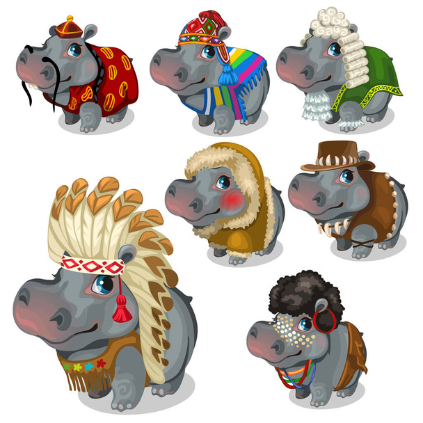 Verzameling van zeven nijlpaarden in verschillende nationale kostuums - Vector, afbeelding