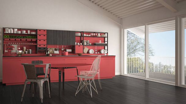 Minimalista cocina de madera blanca y roja, gran ventana panorámica, c
 - Foto, Imagen