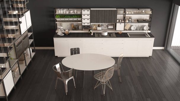 Minimalistinen valkoinen ja harmaa puinen keittiö, parvi portaat, clas
 - Valokuva, kuva