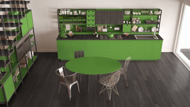 Cuisine minimaliste en bois vert et gris, mezzanine avec escaliers, clas
 - Photo, image