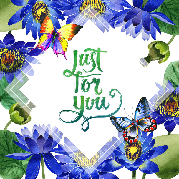 Flor silvestre marco de flor de loto azul en un estilo de acuarela aislado
. - Foto, imagen