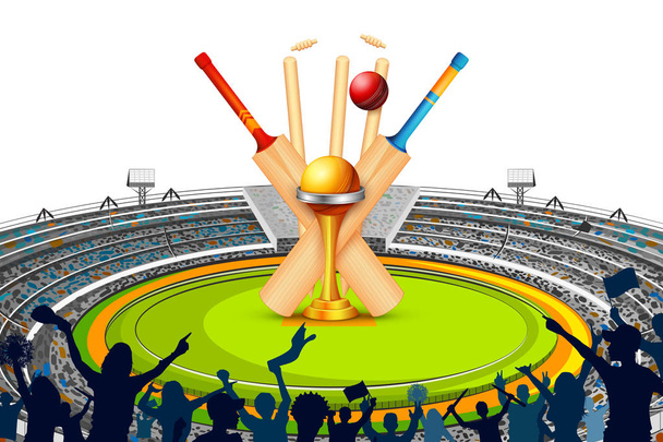 Estadio de Cricket con Murciélago, wicket y Trofeo
 - Vector, imagen