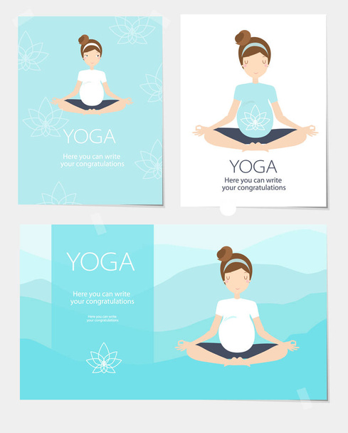 Set vector illustration with cartoon pregnant woman who practices yoga - Вектор,изображение