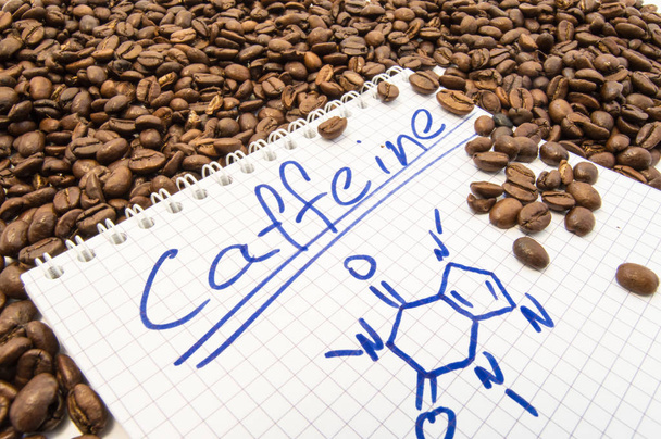 Notebook with text title caffeine and painted chemical formula of caffeine is surrounded by fried ready to use grains of coffee beans. Visualization caffeine as main alkaloid of fruit of coffee tree - Photo, Image