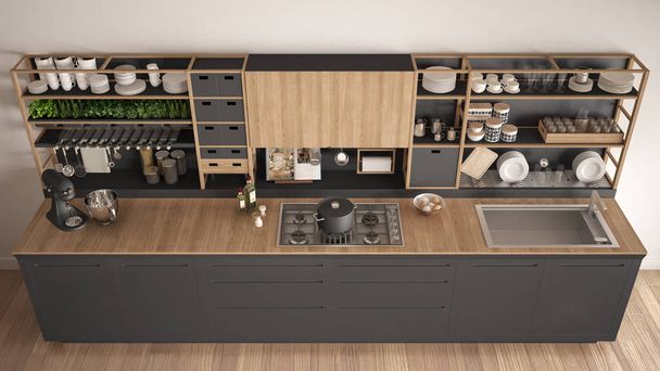 Minimalista cocina de madera gris con electrodomésticos de cerca, scandin
 - Foto, imagen
