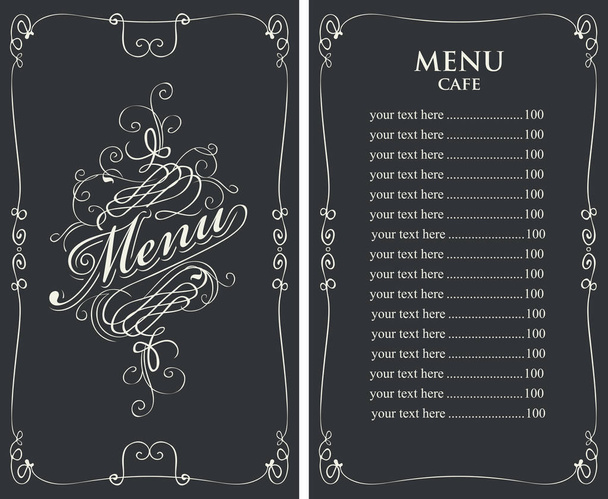 menu for cafe with price list and curlicues frame - Vector, afbeelding
