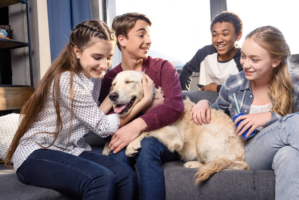 Teenagers with golden retriever dog  - Foto, imagen