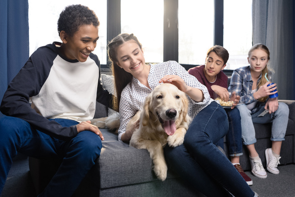 Teenagers with golden retriever dog  - Foto, afbeelding